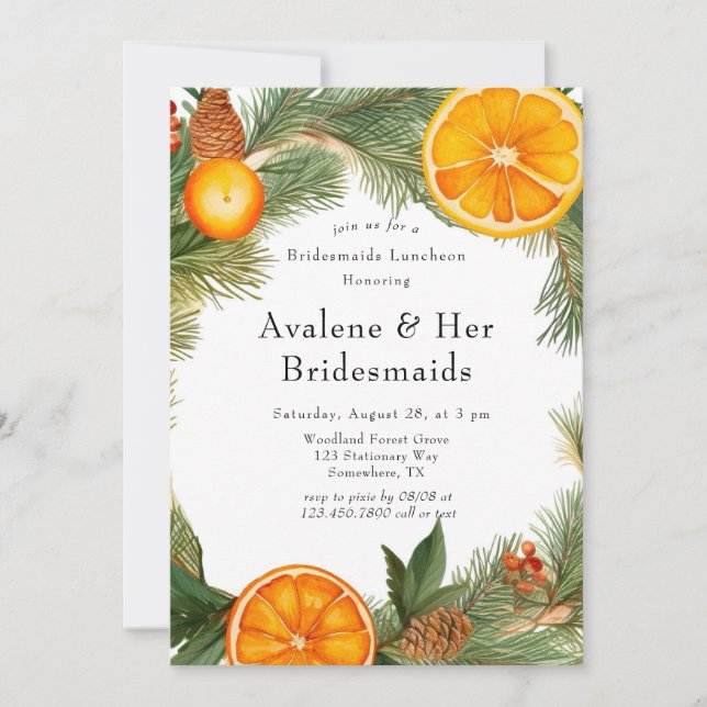 Orange Slice Pine Wreath Bridesmaids Luncheon Invitation (Front)