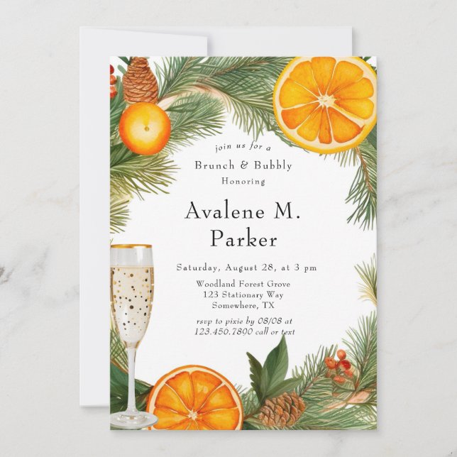 Orange Slice Pine Wreath Brunch & Bubbly Invitation (Front)