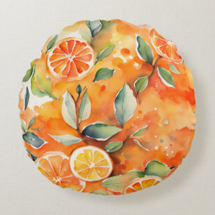 Orange Slices Fresh Watercolor Citrus Design Round Cushion