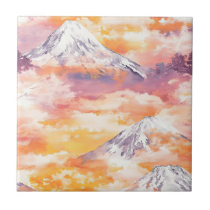 Orange Snow Peaks Sunset Watercolor Nature Art Ceramic Tile