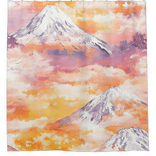 Orange Snow Peaks Sunset Watercolor Nature Art Shower Curtain