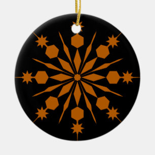 Orange Snowflake on Black Background Ceramic Ornament