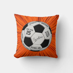 Orange Soccer Ball Custom Text Birthday Milestone Cushion