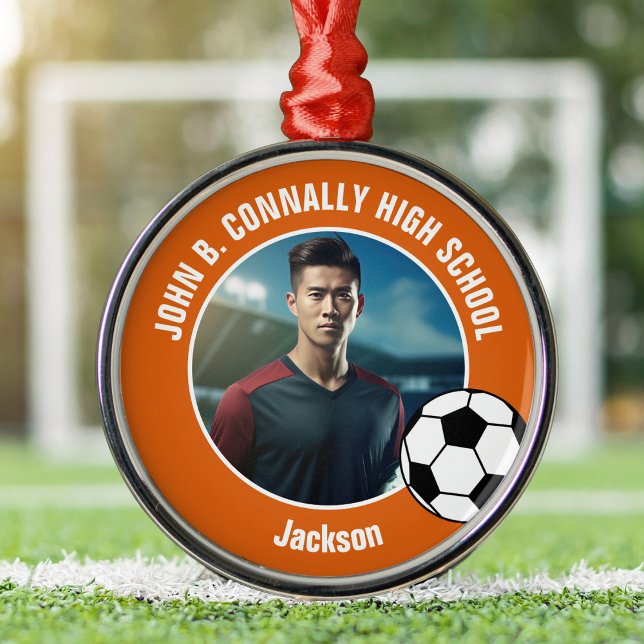 Orange Soccer Player Photo High School Christmas Metal Ornament (Creator Uploaded)