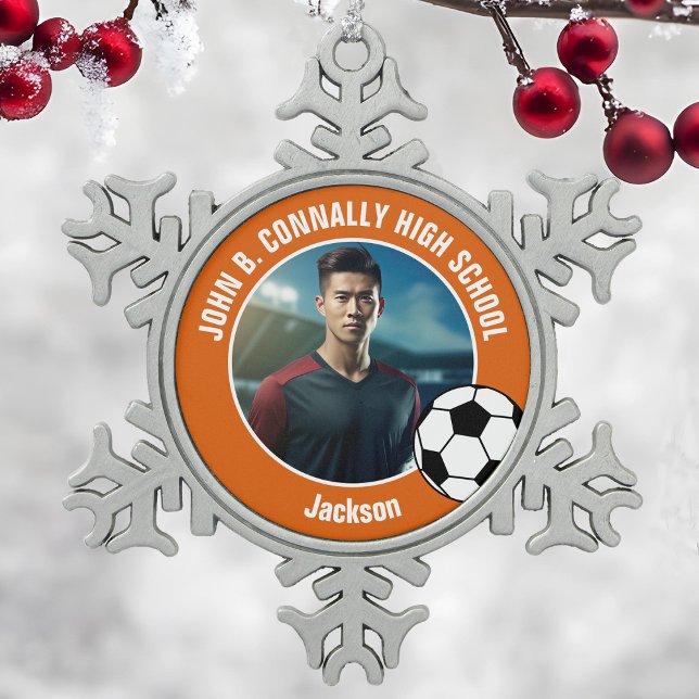 Orange Soccer Player Photo High School Spirit Snowflake Pewter Christmas Ornament (Creator Uploaded)
