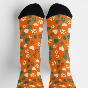 Orange Socks with Teal & Cream Paw Prints