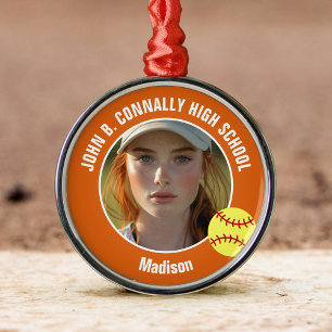 Orange Softball Player Photo High School Christmas Metal Ornament