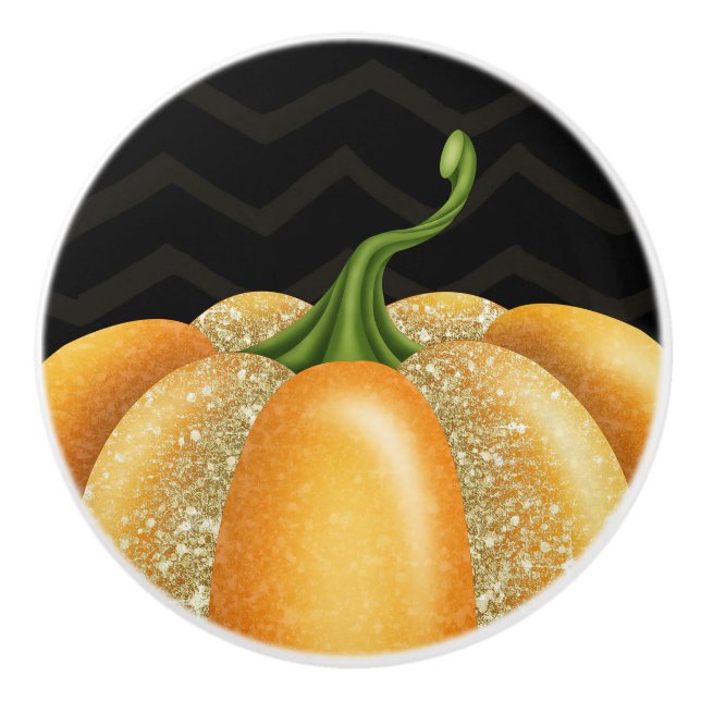 Orange Sparkle Pumpkin Halloween Autumn Fall Ceramic Knob (Front)