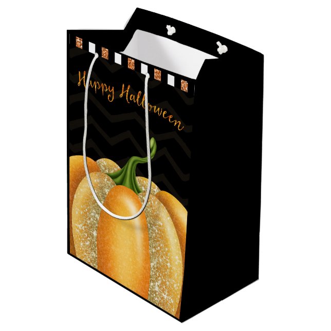 Orange Sparkle Pumpkin Halloween Birthday Party Medium Gift Bag (Back Angled)