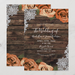Orange Spice Floral Roses Rustic Wood Lace Wedding Invitation