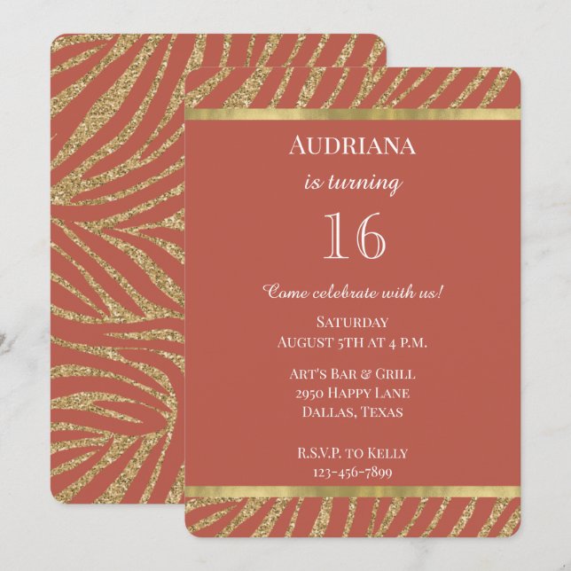 Orange Spice Gold Glitter Zebra Animal Birthday Invitation (Front/Back)