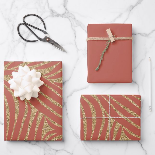 Orange Spice Gold Glitter Zebra Birthday  Wrapping Paper Sheet (Front)