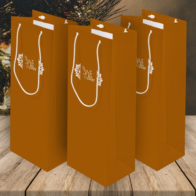 Orange Spice, White Snowflakes, Company Logo Promo Wine Gift Bag (orange gift bags with white company logo and white snowflakes, promotional gift packaging)