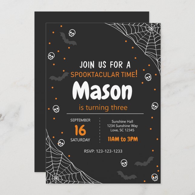 Orange Spider Web Halloween Birthday Invite (Front/Back)