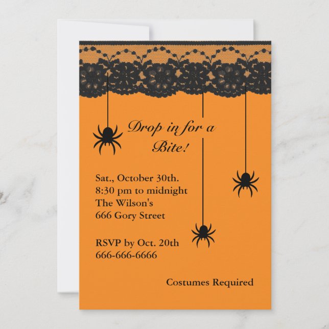Orange Spiders and Lace Halloween Invitation (Front)