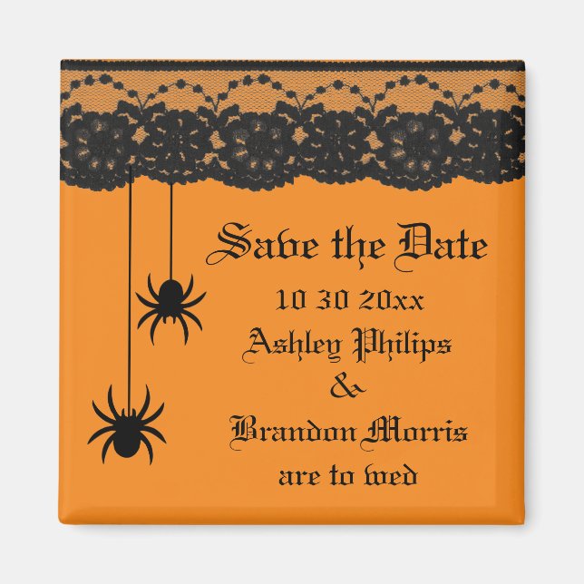 Orange Spiders and Lace Save the Date Magnet (Front)