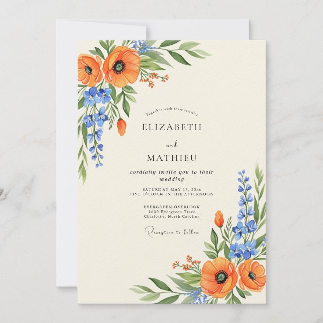 Orange Spirited Wildflower Wedding Invitation (Front)