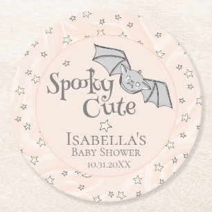 Orange Spooky Cute Baby Bat, Stars & Moons Round Paper Coaster