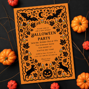 Orange Spooky Folk Art Bat & Cat Halloween Party Invitation