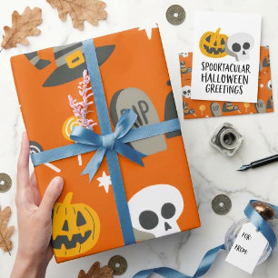 Orange Spooky Monster Mash Kid Character Halloween Wrapping Paper