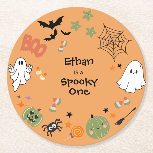 Orange Spooky One Cute Halloween 1st Birthday Round Paper Coaster (Front)