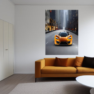Orange sports car on the road   AI Art Poster