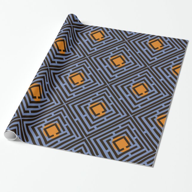 Orange Spot Black Maze Pattern on Custom Colour Wrapping Paper (Unrolled)