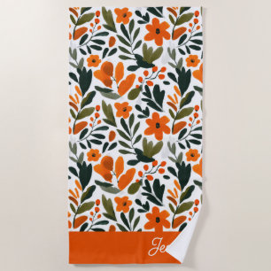 Orange Spring Flowers Elegant Floral Pattern Name Beach Towel