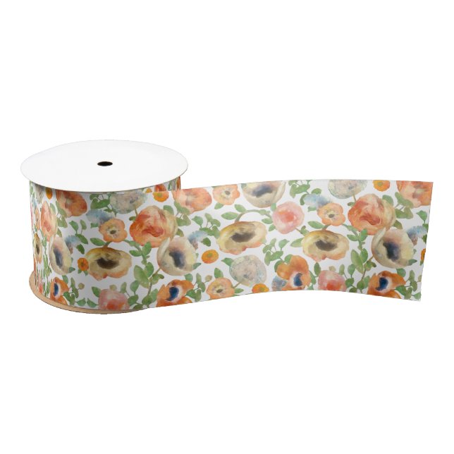 Orange Spring Flowers Satin Ribbon (Spool)