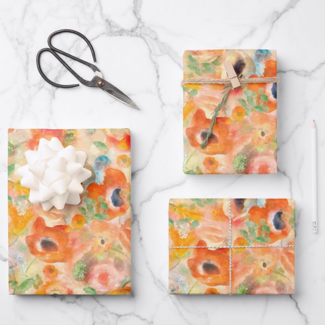 Orange Spring Flowers Wrapping Paper Sheet (Front)