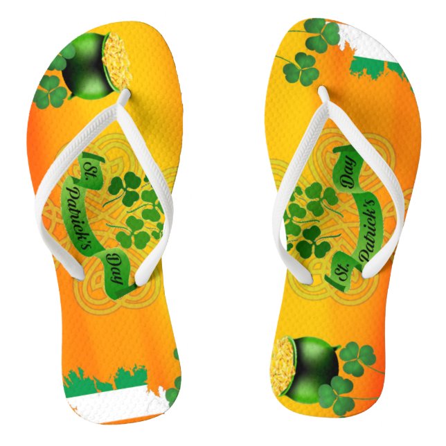 Orange St Patricks Day Shamrock Pot o' Gold Flag Thongs (Footbed)