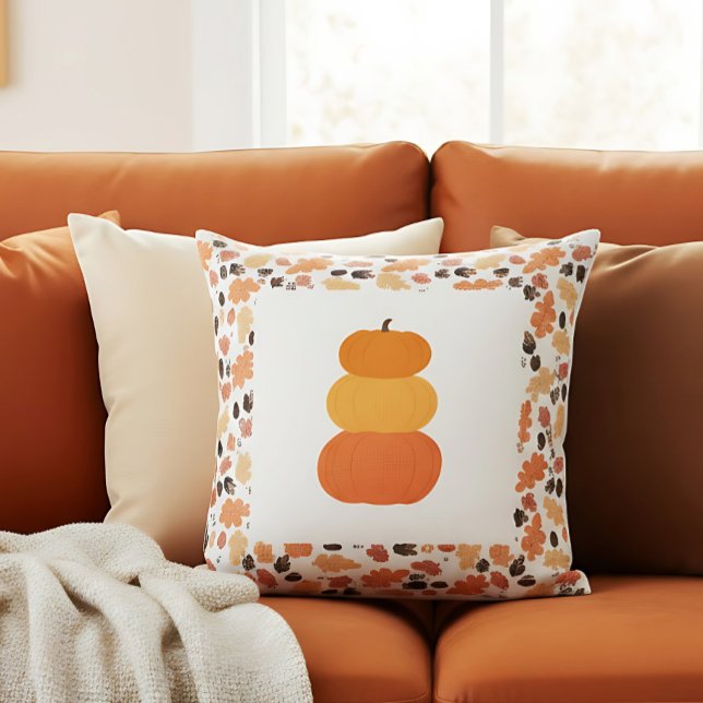 Orange Stacked Pumpkins Farmhouse Fall Decor Cushion (Autumn pumpkin pillow with leaf pattern brings charm to a cozy warm-toned sofa.)