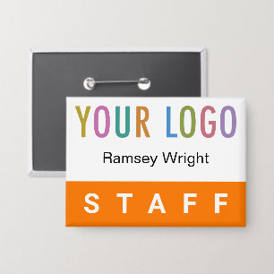 Orange Staff Pin Back Badge Name Button with Logo