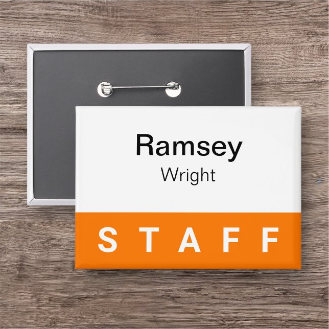 Orange Staff Pinback Badge Button Employee Nametag (MISOOK Orange Staff Name Button Badge Large Rectangle)