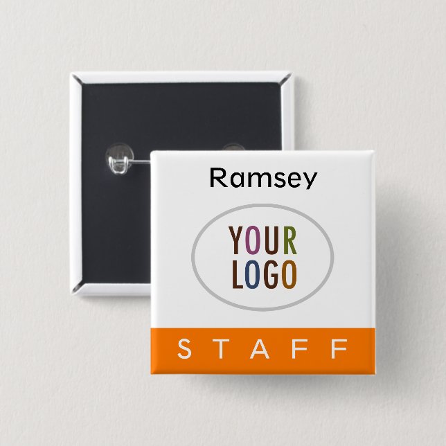 Orange Staff Pinback Badge with Logo Square Button (Front & Back)