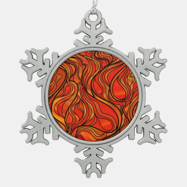 Orange Stained Glass Abstract Snowflake Pewter Christmas Ornament (Front)