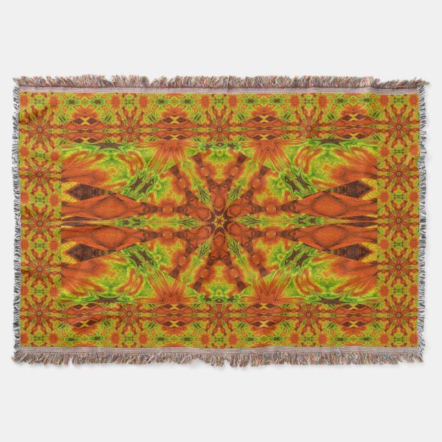 Orange Star Flower in Green Throw Blanket (Front)