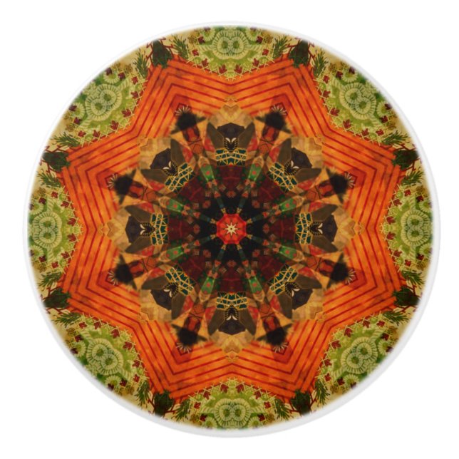 Orange star Victorian quilt inspired  Ceramic Knob (Front)