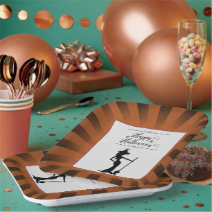 Orange Starburst Witch Halloween Paper Plate