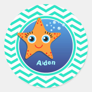 Orange Starfish; Aqua Green Chevron Classic Round Sticker