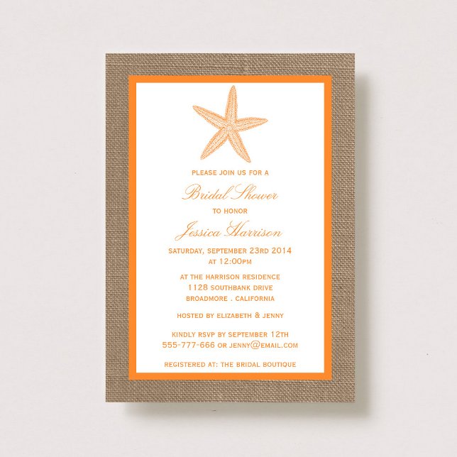 Orange Starfish Beach Burlap Bridal Shower Invitation (Creator Uploaded)