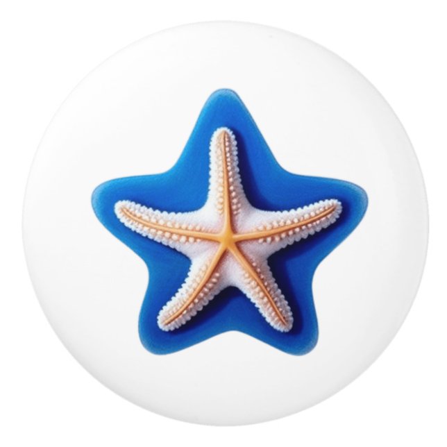 Orange Starfish in Blue Ceramic Knob (Front)