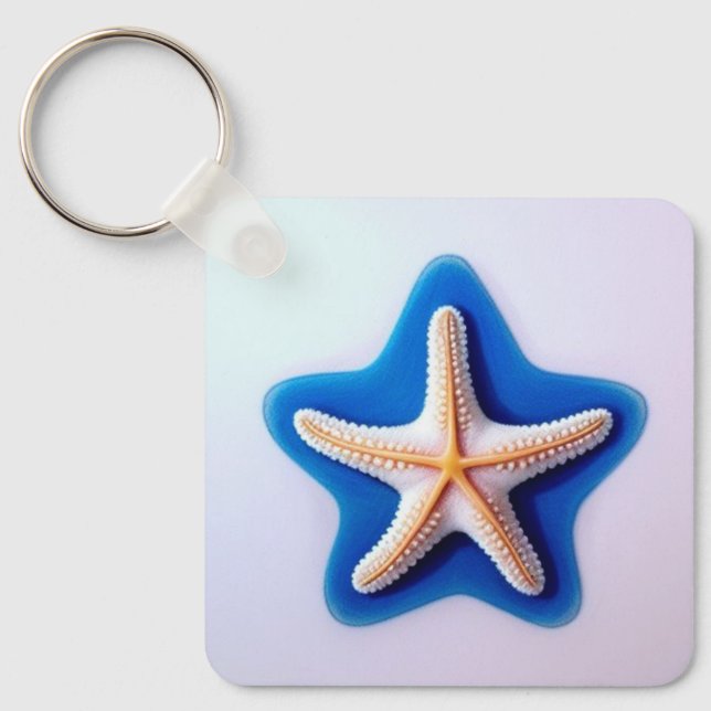 Orange Starfish in Blue Key Ring (Front)