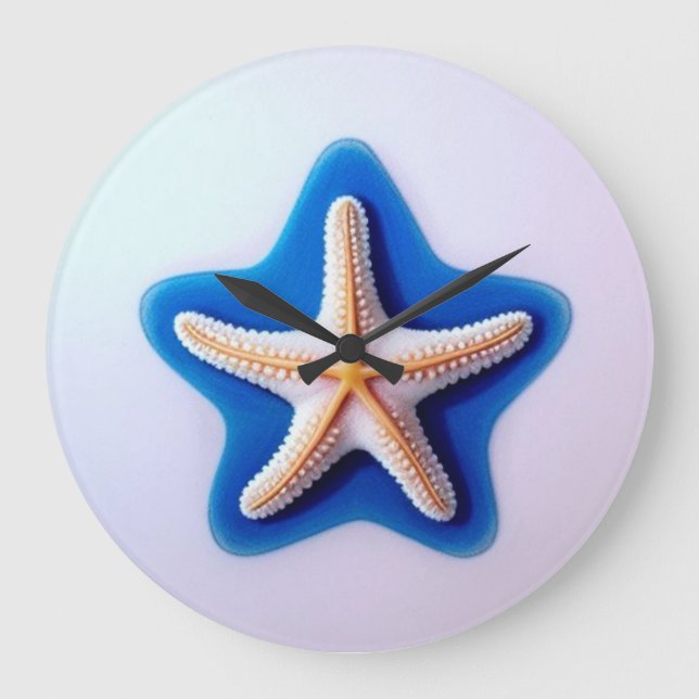 Orange Starfish in Blue Large Clock (Front)