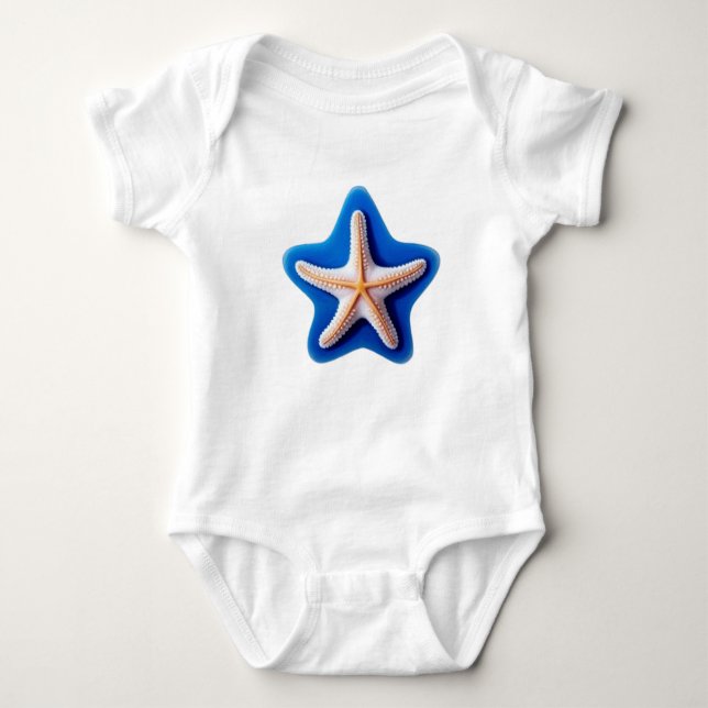 Orange Starfish in Blue Star Baby Bodysuit (Front)