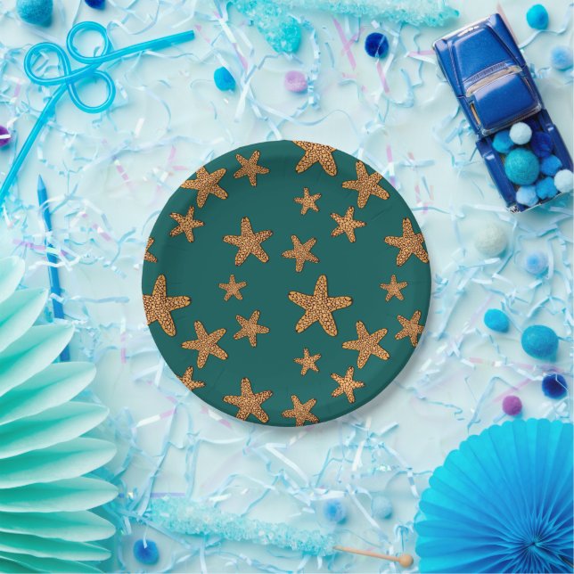 Orange Starfish Pattern Paper Plate (Party)