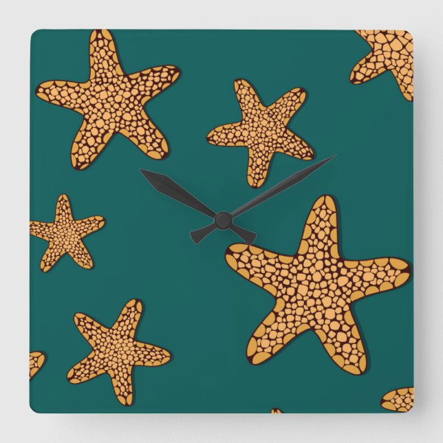 Orange Starfish Pattern Square Wall Clock (Front)