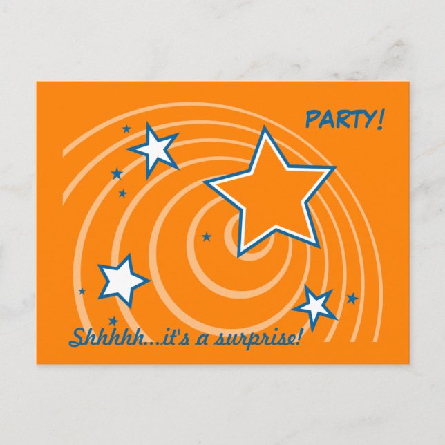 Orange stars birthday surprise party invitation (Front)