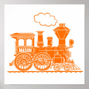 Orange steam train personalised boys nursery art poster