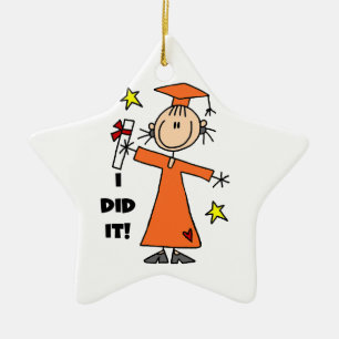 Orange Stick Figure Girl Graduate Ceramic Ornament